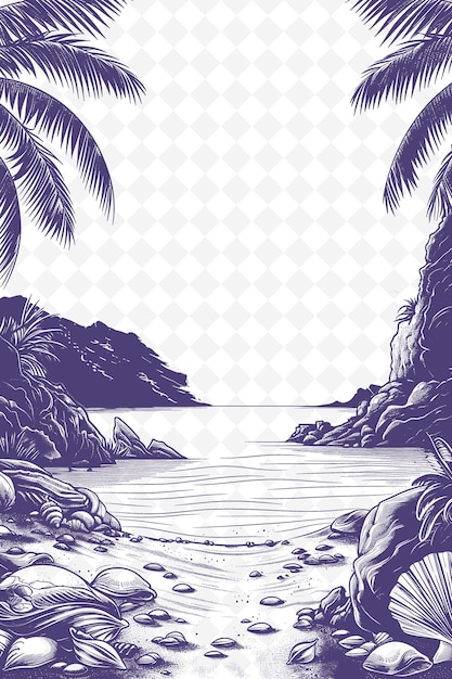 Een grafische illustratie van een strand met palmbomen en de oceaan op de achtergrond