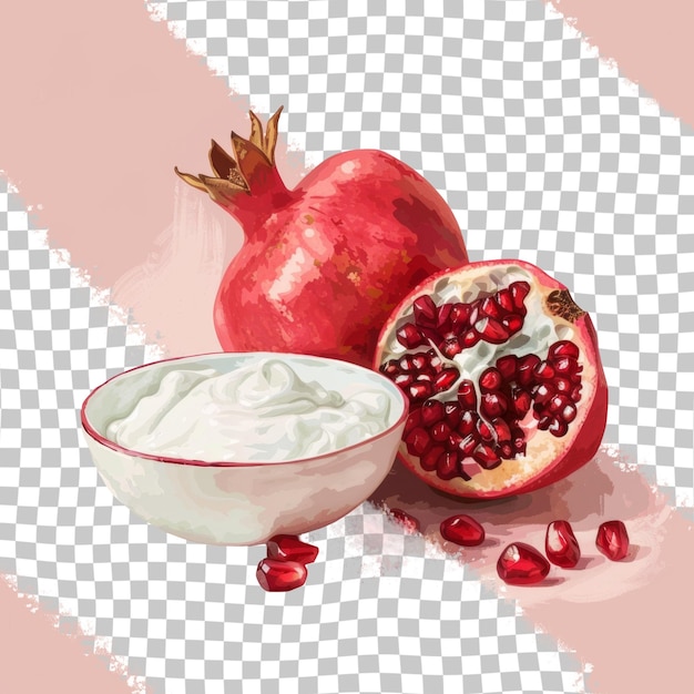 PSD een granaatappel en een kom yoghurt naast een schaal yoghurt