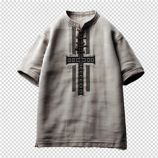 Een grijs-wit hemd met een kruis erop