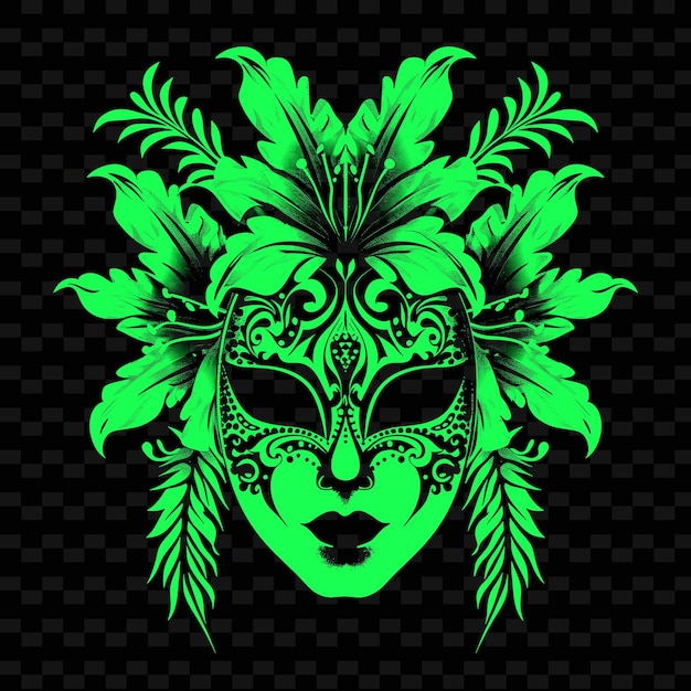 PSD een groen carnavalmasker met een groene achtergrond met een patroon van veren en het woord vrij erop