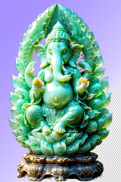 Een groen standbeeld van een olifant met een groen standbeeld erop.