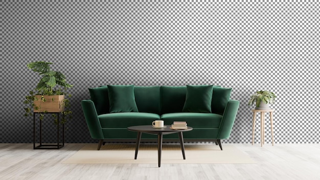 een groene bank en een tafel in een kamer