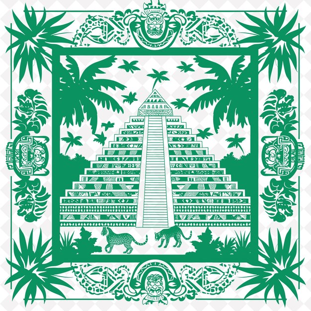 PSD een groene en witte foto van een piramide met palmbomen op de achtergrond