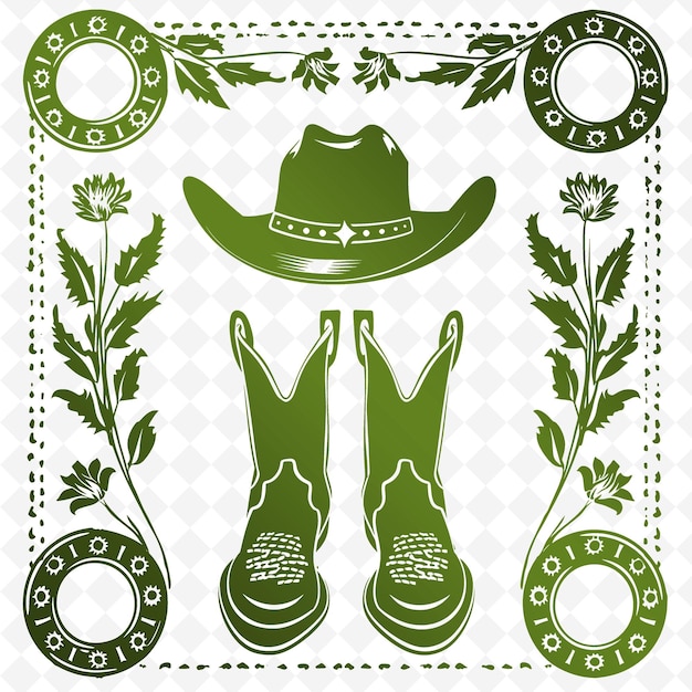 Een groene en witte poster met cowboyhoeden en cowboyhoedjes.
