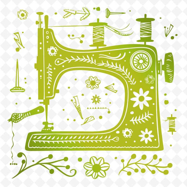 Een groene en witte tekening van een naaimachine met een groene achtergrond met een bloempatroon