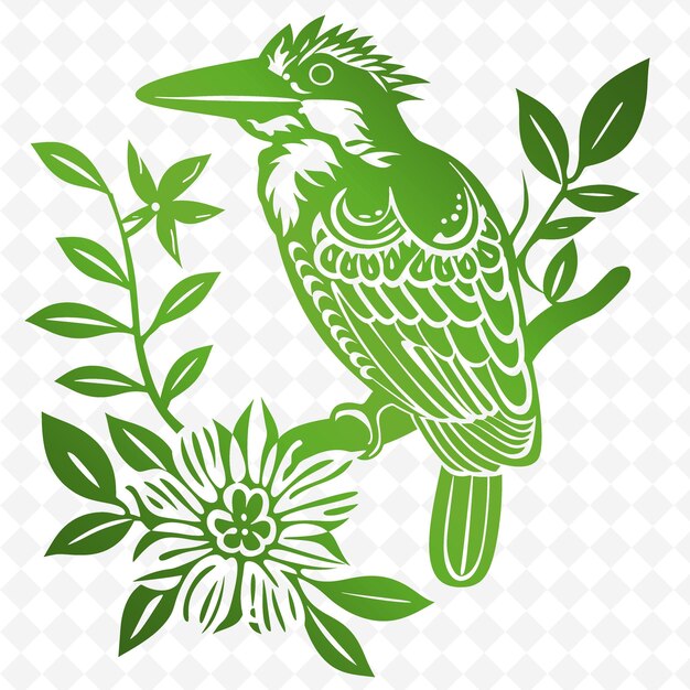 PSD een groene en witte vogel met bloemen en een vogel erop