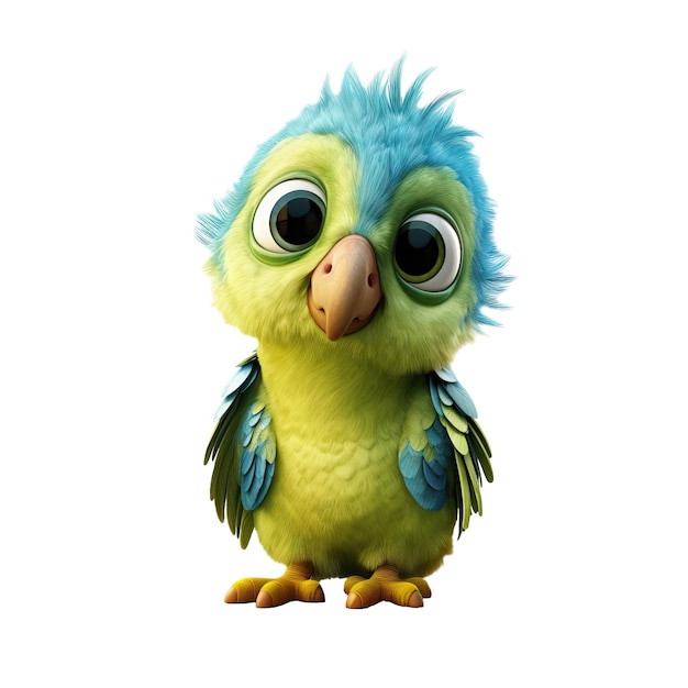 PSD een groene papegaai met grote ogen en een groot blauw oog.