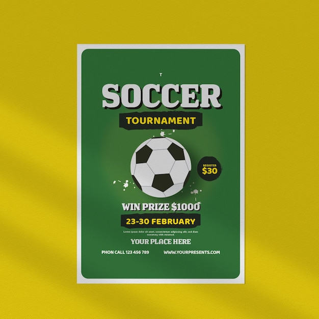 Een groene poster voor een voetbaltoernooi met een bal erop.