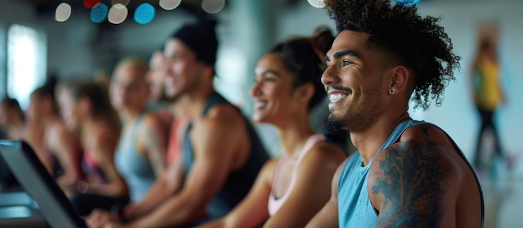 PSD een groep mensen die glimlachen tijdens een workout in een sportschool
