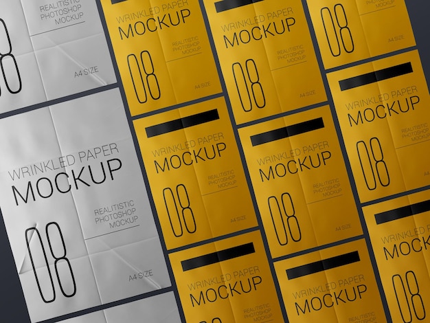 Een groep realistische mockup voor gerimpelde postersjabloon. Gelijmd papier nat gekreukeld posters mockup,.