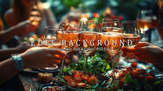 Een groep vrienden heft hun glazen rozewijn in een toast tijdens een zomerdiner