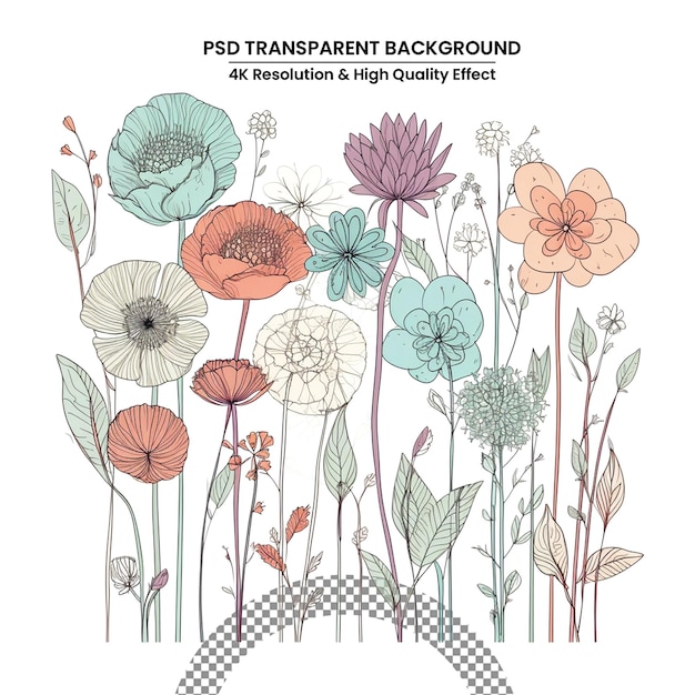 Een groot aantal bloemen, bladeren en bessen, handgetekend in inkt en pen. Lineaire tekening van planten in schetsstijl