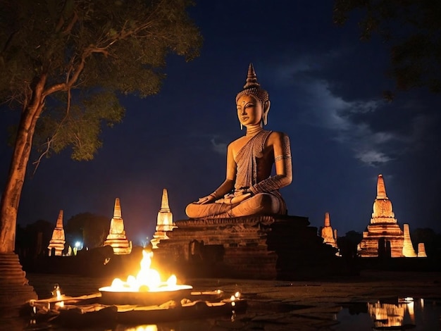 een groot standbeeld van Boeddha zit voor een open haard met een volle maan erachter