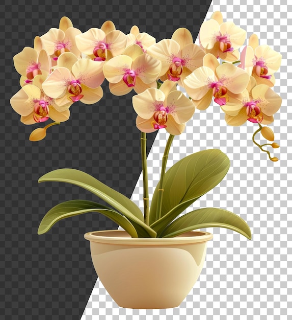 PSD een grote gele en roze orchideeplant in een witte keramische pot
