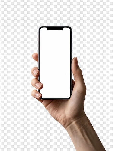 Een hand met een telefoon met een wit scherm