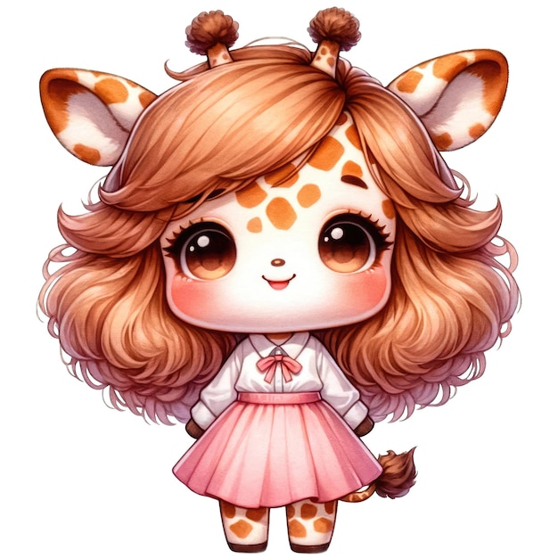 Een heerlijke chibi meisje giraffe met een witte blouse en een roze rok