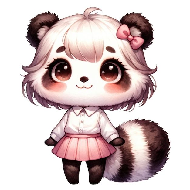 PSD een heerlijke chibi meisje skunk met een witte blouse en een roze rok