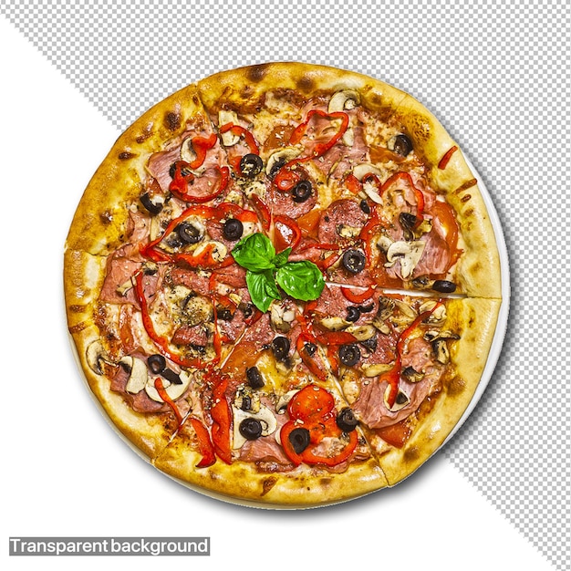Een heerlijke pepperoni-pizza vers bereid en op een doorzichtige achtergrond