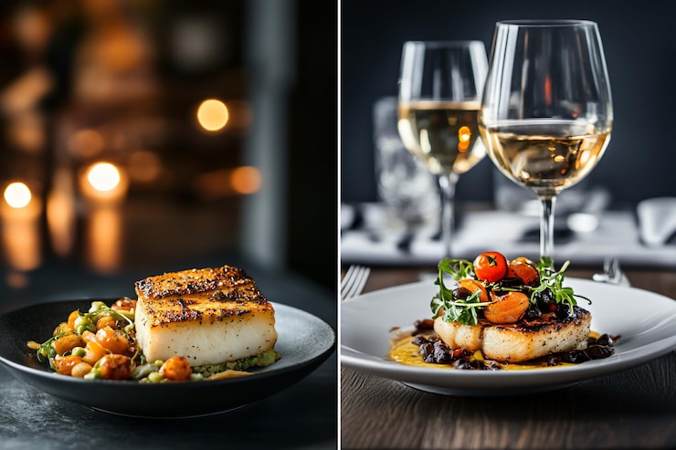 PSD een heerlijke visgerecht in restaurantstijl met een glas witte wijn.