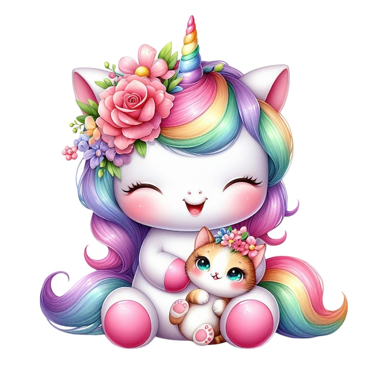 PSD een hello kitten met een regenboog op haar hoofd
