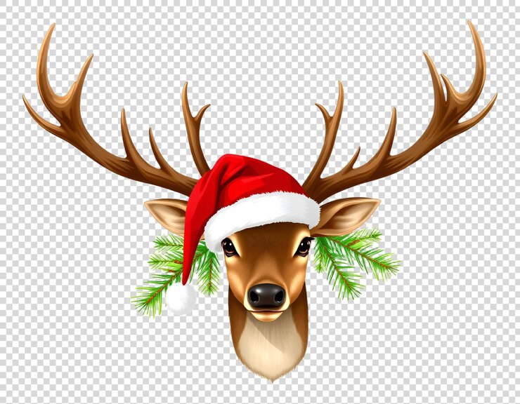 PSD een hertenhoofd met een kerstmanhoed erop