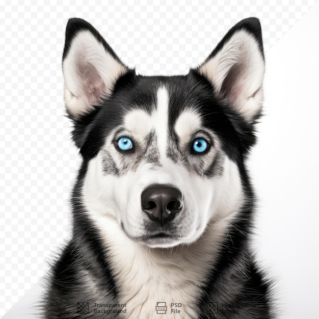 Een hond met blauwe ogen en een witte achtergrond met het woord 