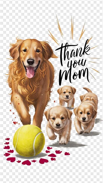 Een hond met een gele bal en een foto van een hond met de woorden dank je voor dank je