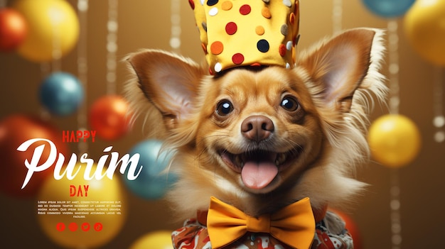 Een hond met Happy Purim Day festival social media post of banner sjabloon