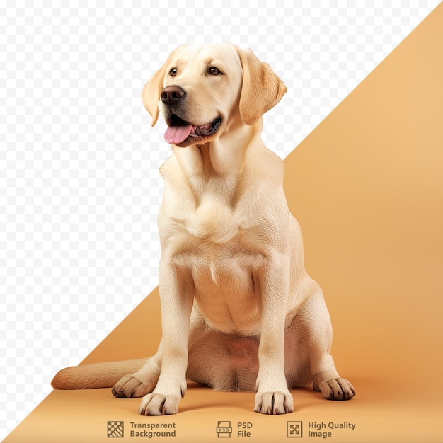 PSD een hond zit op een houten tafel met een oranje achtergrond met een gele achtergrond.