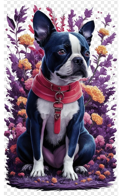 PSD een hond zit voor een paarse achtergrond met bloemen