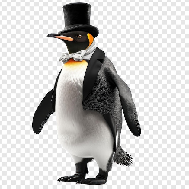 PSD een hoogwaardige pinguïn in een smoking met een hoed geïsoleerd op een doorzichtige achtergrond psd