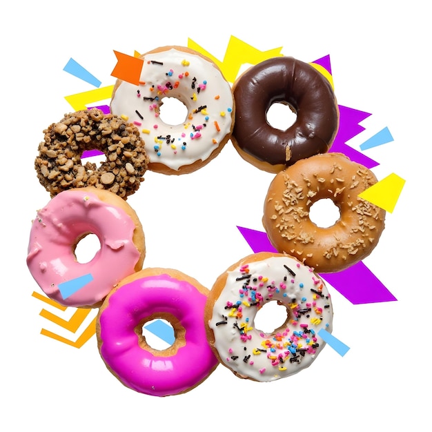 een hoop donuts met verschillende kleuren en vormen erop