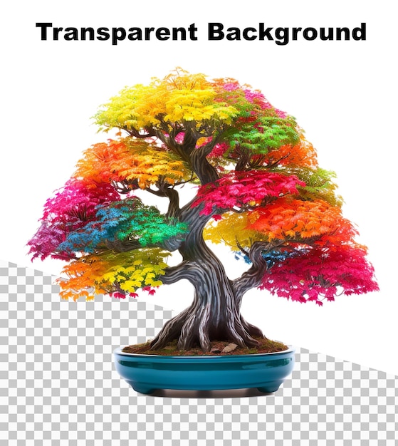 Een illustratie van een bonsai met veel gekleurde bladeren op een doorzichtige achtergrond