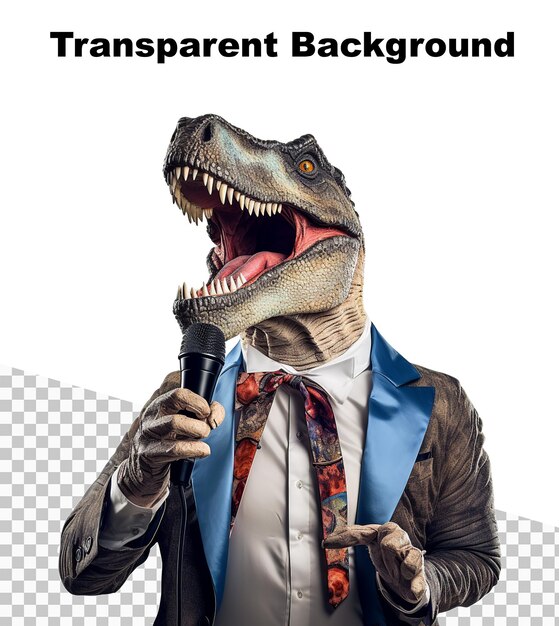 PSD een illustratie van een tyrannosaurus rex die een pak en stropdas draagt en een liedje zingt