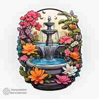 PSD een illustratie van een vredige tuin met bloeiende bloemen en een fontein met stromend water