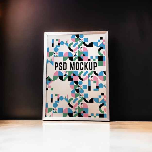Een ingelijste poster mockup interieur render die hedendaagse kunstwerken in een vitrine illustreert