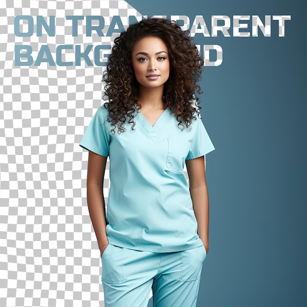 PSD een jaloerse jonge volwassen vrouw met krullend haar van de pacific islander etniciteit gekleed in ademhalingstherapeut kleding poseert in een standing with crossed ankles stijl tegen een pastel blue b