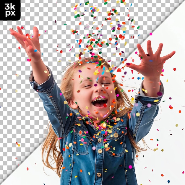 PSD een jong meisje lacht en heeft haar handen in de lucht met confetti op haar gezicht