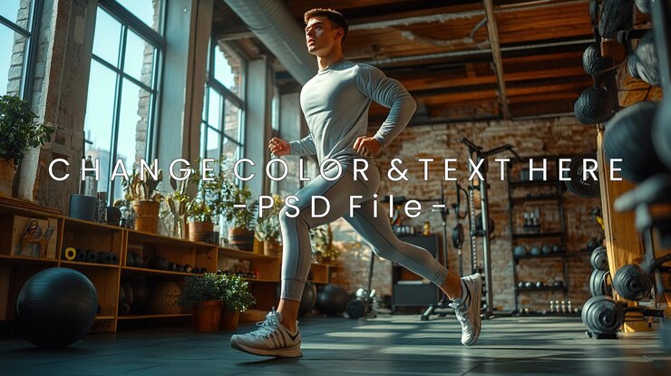 PSD een jonge man die binnen in een sportschool joggt en fitness en atletiek toont