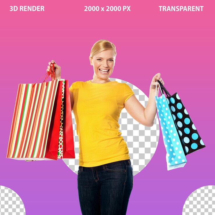 PSD een jonge modellenwoman die winkelt voor advertenties en posters op sociale media op een doorzichtige achtergrond