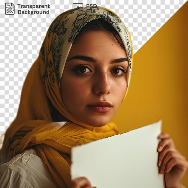 Een jonge vrouw met een lachend gezicht en bruine ogen houdt een wit papier in haar hand en draagt een gele sjaal tegen een gele muur