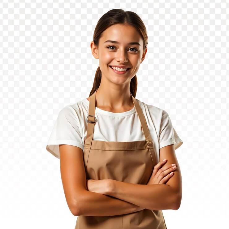 een jonge vrouw met een winkelier uniform