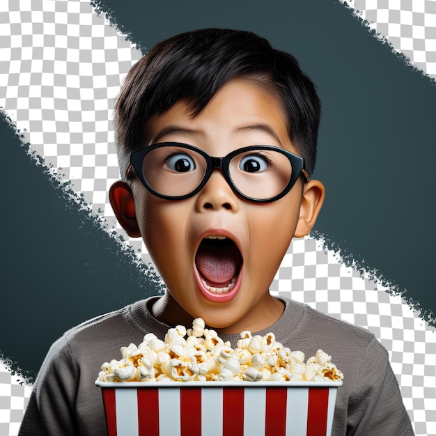 Een jongen met een bril en een gestreepte shirt met een gestreept doosje popcorn voor hem.