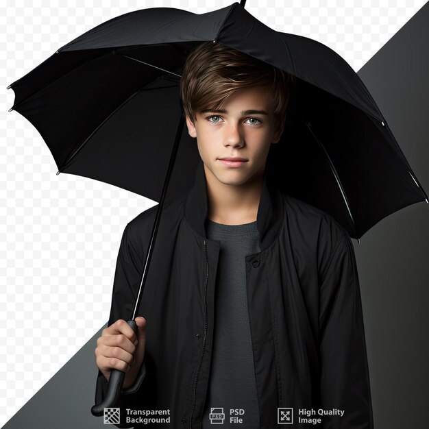 PSD een jongen met een zwarte paraplu waarop staat 