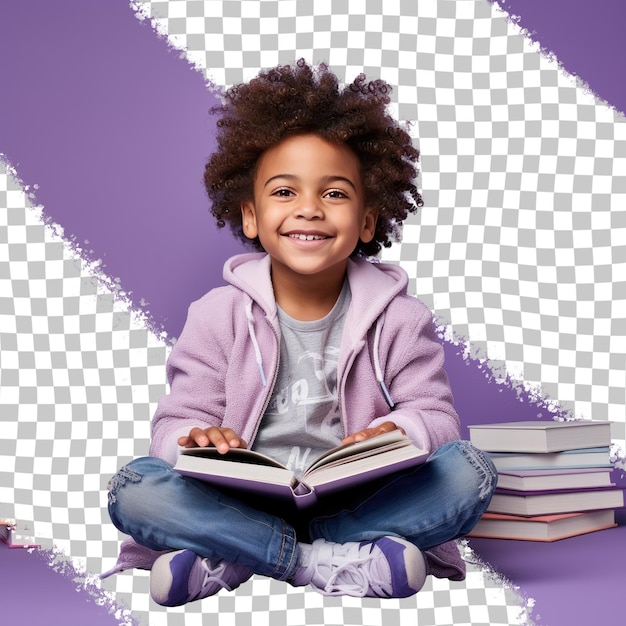 PSD een jubelende kleuter met krullend haar van de afro-amerikaanse etnische afkomst gekleed in writing a book outfit poseert in een sitting with legs stretched out-stijl tegen een pastel lavender bac