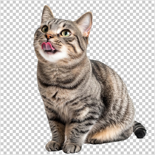 Een kat die lippen lik op een witte achtergrond.