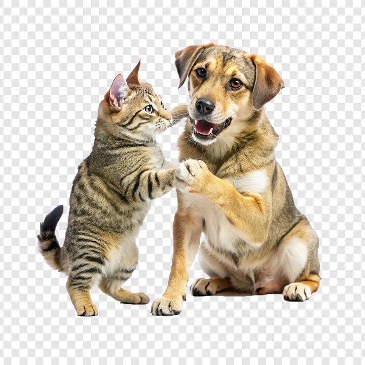 PSD een kat en een hond spelen met elkaar.