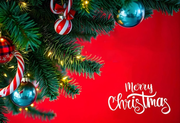 een kerstboom met een rode achtergrond met de woorden vrolijke kerst op