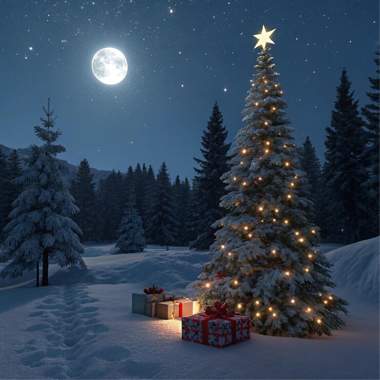 PSD een kerstboom met een ster erop is in de sneeuw