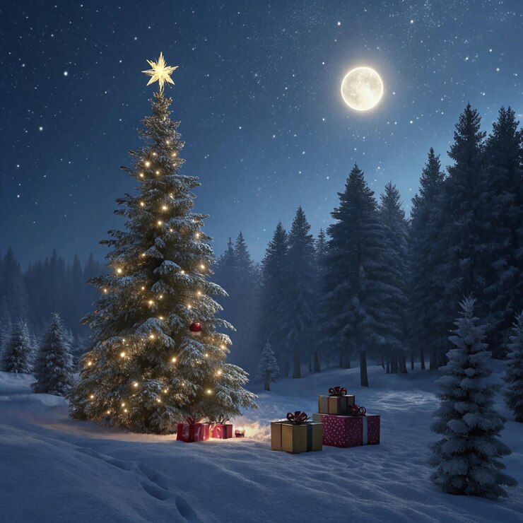 PSD een kerstboom met een ster erop is in het midden van de nacht